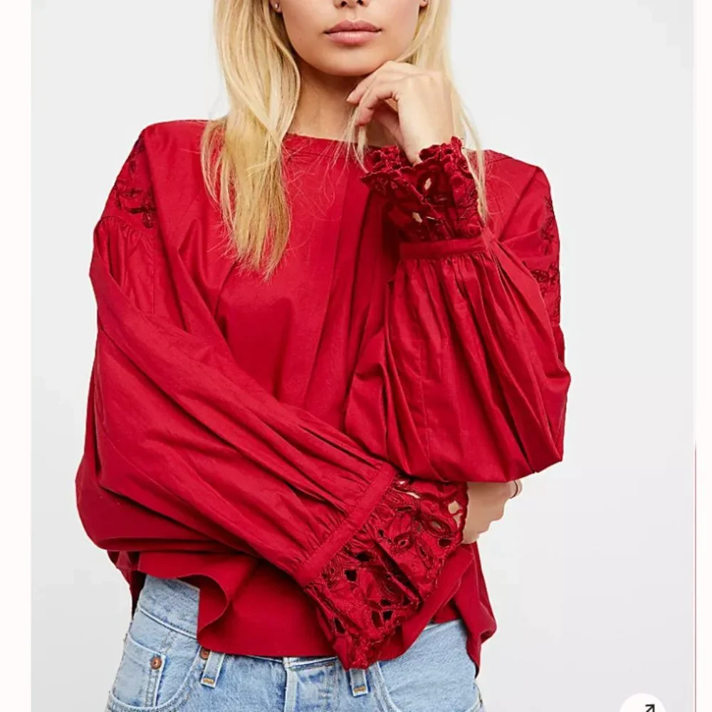 FREE PEOPLE WISHING WELL RED LACE COTTON BLOUSE XS